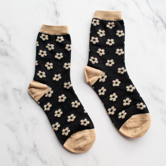 Vintage Daisy Flower Socks - Taupe/Black