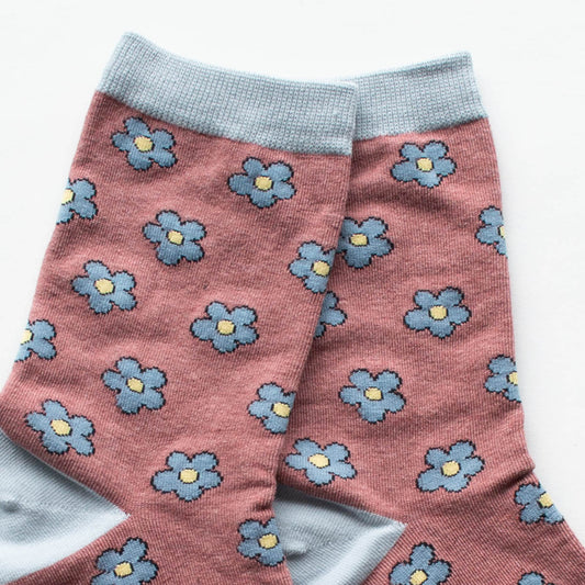 Vintage Daisy Flower Socks - Blue-Mauve - 2