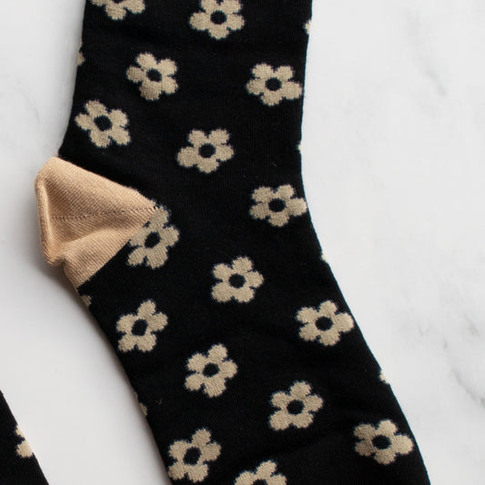 Vintage Daisy Flower Socks - Taupe/Black - CU