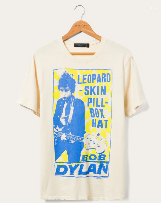 Junkfood-clothing-Bob-Dylan-Leopard-Skin-Pill-Box-Hat-Tee-Front