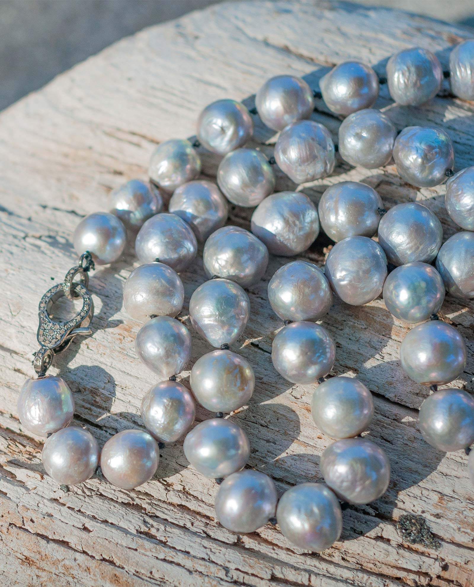13-15mm Silver Baroque Pearl Necklace with Diamond Clasp